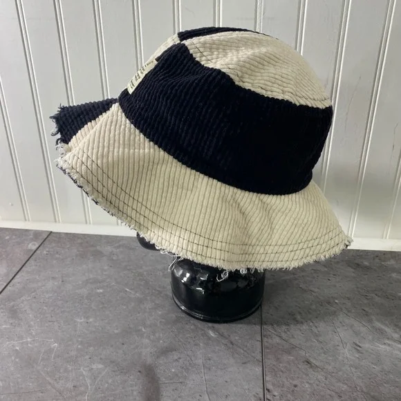 BDG Urban Outfitters Corduroy Patchwork Bucket Hat Black Cream Distressed - Picture 4 of 11